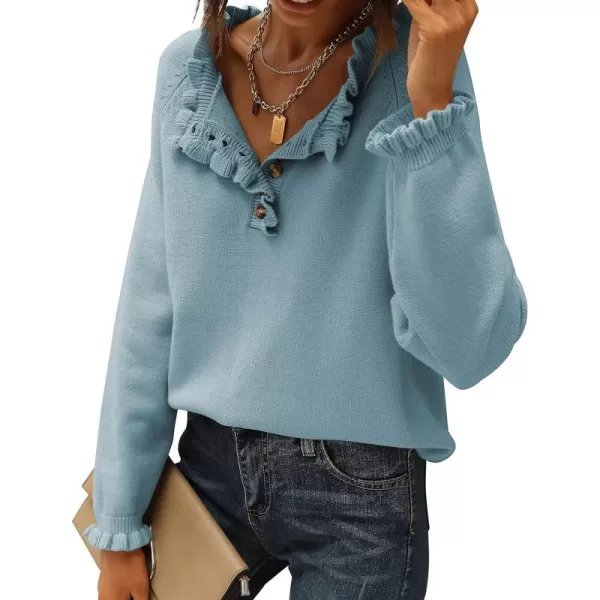 imageBTFBM Womens Sweaters Casual Long Sleeve Button Down Crew Neck Ruffle Knit Pullover Sweater Tops Solid Color StripedSolid Blue
