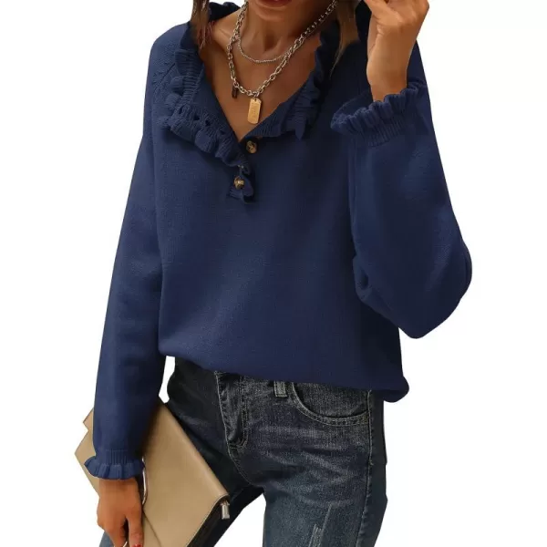 imageBTFBM Womens Sweaters Casual Long Sleeve Button Down Crew Neck Ruffle Knit Pullover Sweater Tops Solid Color StripedSolid Bright Blue