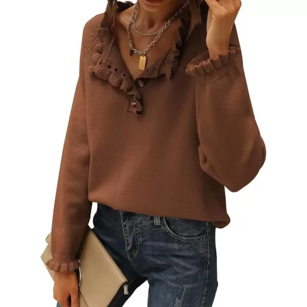 imageBTFBM Womens Sweaters Casual Long Sleeve Button Down Crew Neck Ruffle Knit Pullover Sweater Tops Solid Color StripedSolid Brown Coffee