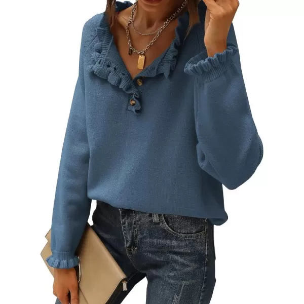 imageBTFBM Womens Sweaters Casual Long Sleeve Button Down Crew Neck Ruffle Knit Pullover Sweater Tops Solid Color StripedSolid Dark Blue