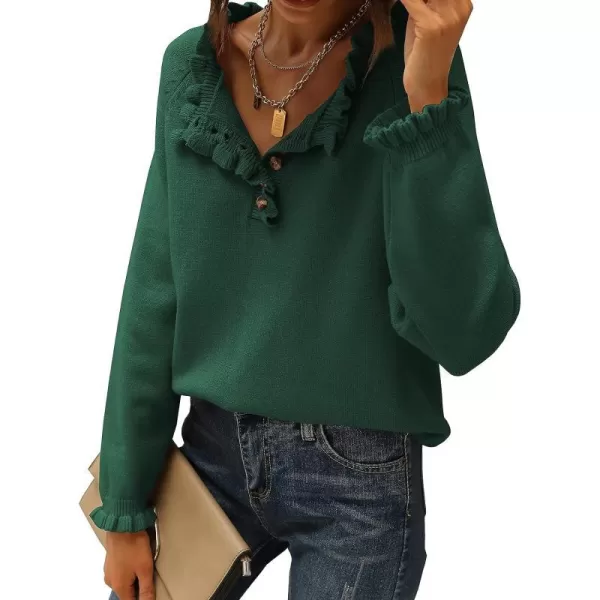 imageBTFBM Womens Sweaters Casual Long Sleeve Button Down Crew Neck Ruffle Knit Pullover Sweater Tops Solid Color StripedSolid Dark Green