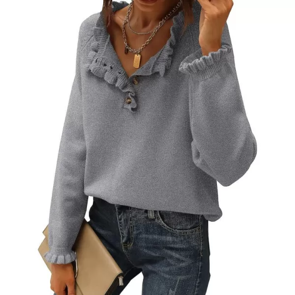 imageBTFBM Womens Sweaters Casual Long Sleeve Button Down Crew Neck Ruffle Knit Pullover Sweater Tops Solid Color StripedSolid Grey