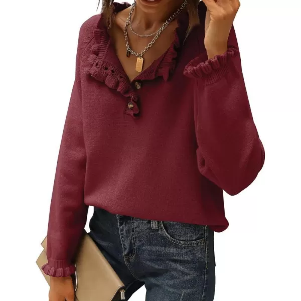 imageBTFBM Womens Sweaters Casual Long Sleeve Button Down Crew Neck Ruffle Knit Pullover Sweater Tops Solid Color StripedSolid Jujube Red