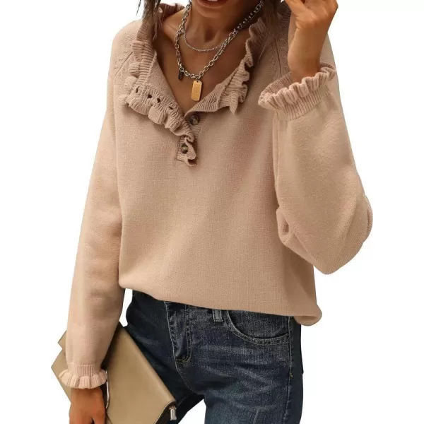 imageBTFBM Womens Sweaters Casual Long Sleeve Button Down Crew Neck Ruffle Knit Pullover Sweater Tops Solid Color StripedSolid Khaki