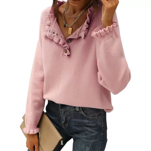 imageBTFBM Womens Sweaters Casual Long Sleeve Button Down Crew Neck Ruffle Knit Pullover Sweater Tops Solid Color StripedSolid Mid Pink