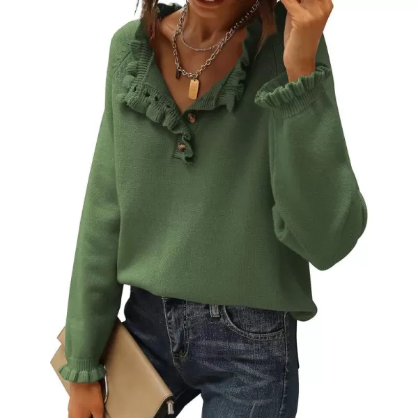 imageBTFBM Womens Sweaters Casual Long Sleeve Button Down Crew Neck Ruffle Knit Pullover Sweater Tops Solid Color StripedSolid Olive Green