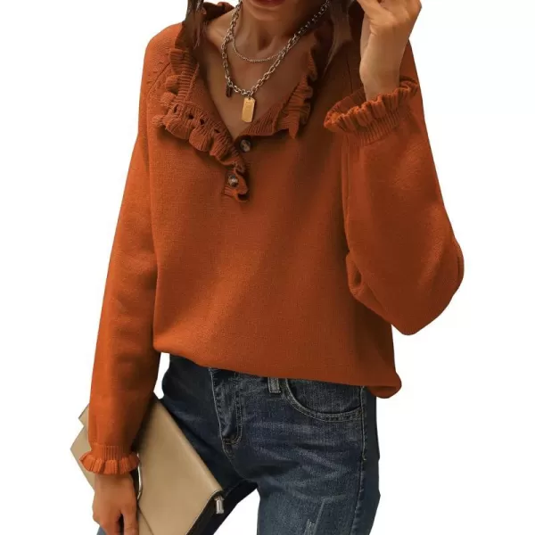 imageBTFBM Womens Sweaters Casual Long Sleeve Button Down Crew Neck Ruffle Knit Pullover Sweater Tops Solid Color StripedSolid Orange Yellow