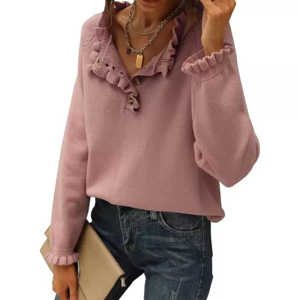 imageBTFBM Womens Sweaters Casual Long Sleeve Button Down Crew Neck Ruffle Knit Pullover Sweater Tops Solid Color StripedSolid Pink