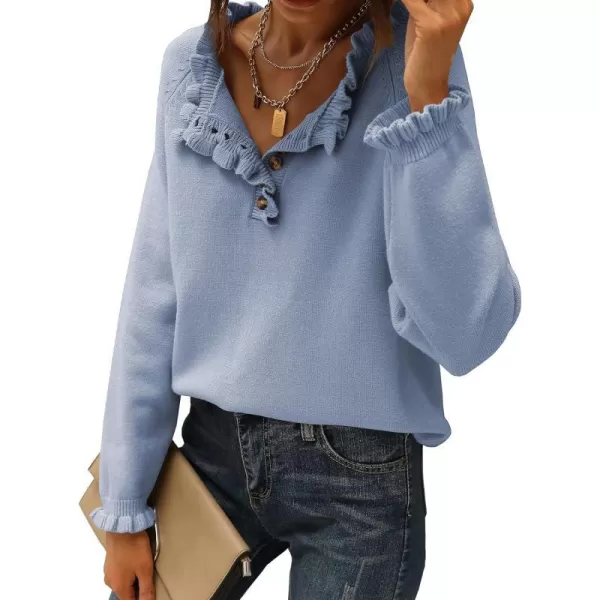 imageBTFBM Womens Sweaters Casual Long Sleeve Button Down Crew Neck Ruffle Knit Pullover Sweater Tops Solid Color StripedSolid Sky Blue