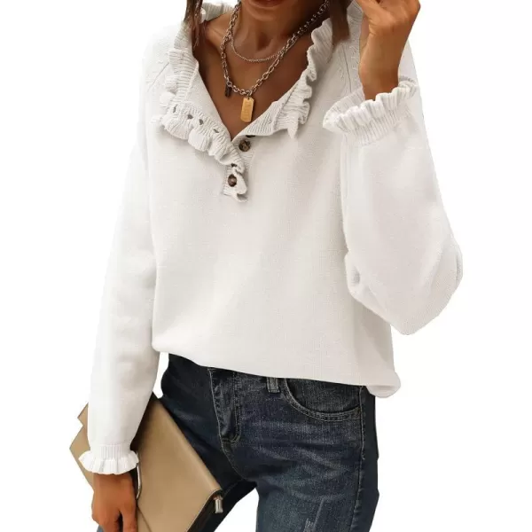 imageBTFBM Womens Sweaters Casual Long Sleeve Button Down Crew Neck Ruffle Knit Pullover Sweater Tops Solid Color StripedSolid White