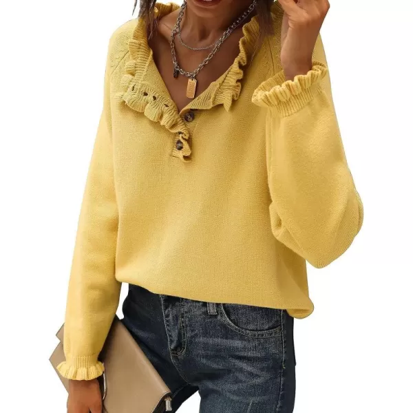 imageBTFBM Womens Sweaters Casual Long Sleeve Button Down Crew Neck Ruffle Knit Pullover Sweater Tops Solid Color StripedSolid Yellow