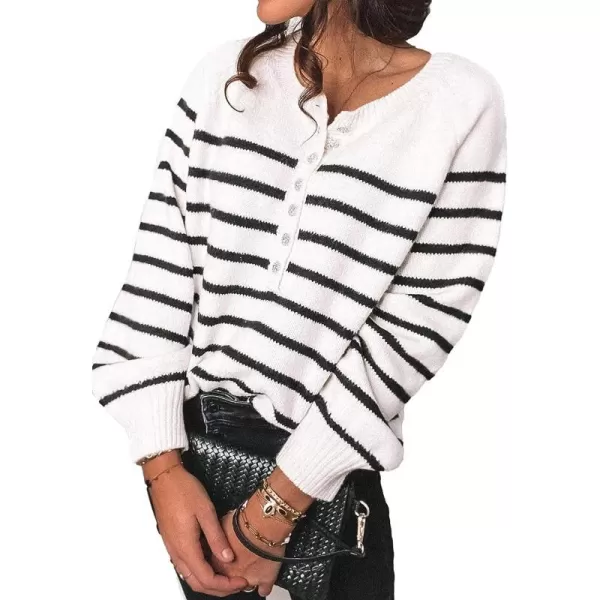 imageBTFBM Womens Sweaters Casual Long Sleeve Button Down Crew Neck Ruffle Knit Pullover Sweater Tops Solid Color StripedStripes White