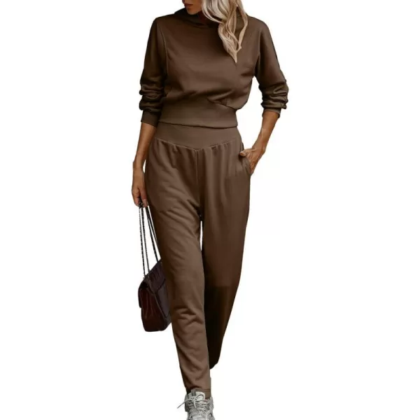 imageBTFBM Womens Sweatsuit Set Casual Cropped Pullover Hoodie Sweatpants Long Sleeve Tracksuit 2 Piece Jogger Outfits SportSolid Coffee