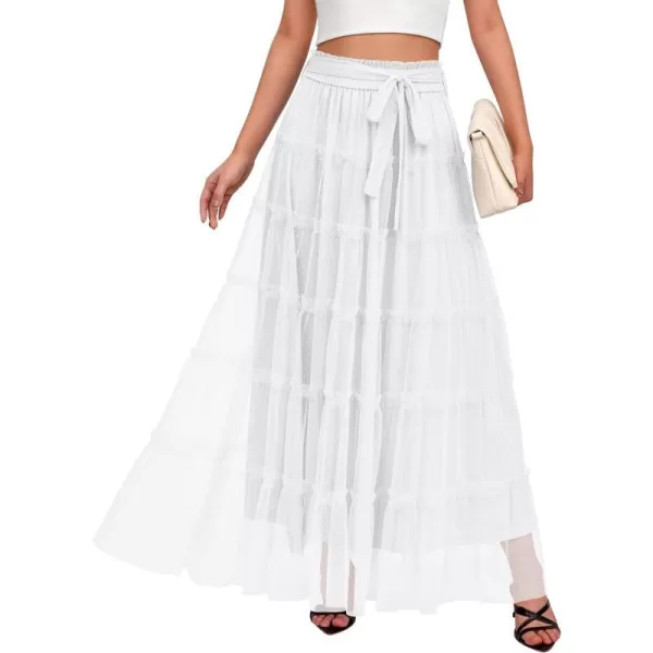imageBTFBM Womens Tulle Skirts 2024 Summer Elastic Waist Ruffle Tiered ALine Tutu Fairy Party Cocktail Maxi Skirt with BeltSolid White