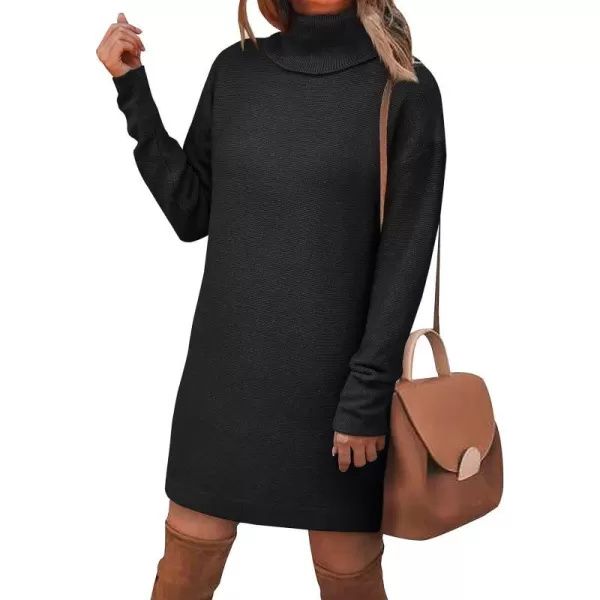 imageBTFBM Womens Turtleneck Long Sleeve Sweater Dress Side Slit Hem Fall Winter Oversized Casual Knit Pullover Sweaters TopsSolid Black