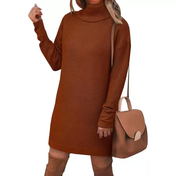 imageBTFBM Womens Turtleneck Long Sleeve Sweater Dress Side Slit Hem Fall Winter Oversized Casual Knit Pullover Sweaters TopsSolid Brown