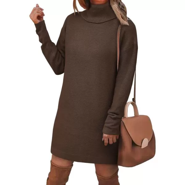 imageBTFBM Womens Turtleneck Long Sleeve Sweater Dress Side Slit Hem Fall Winter Oversized Casual Knit Pullover Sweaters TopsSolid Coffee