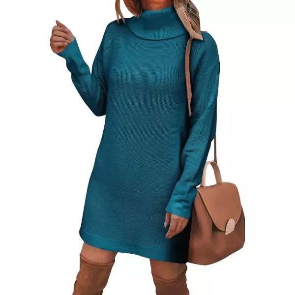 imageBTFBM Womens Turtleneck Long Sleeve Sweater Dress Side Slit Hem Fall Winter Oversized Casual Knit Pullover Sweaters TopsSolid Denim Blue