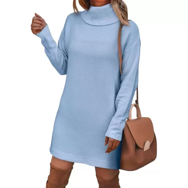 imageBTFBM Womens Turtleneck Long Sleeve Sweater Dress Side Slit Hem Fall Winter Oversized Casual Knit Pullover Sweaters TopsSolid Light Blue