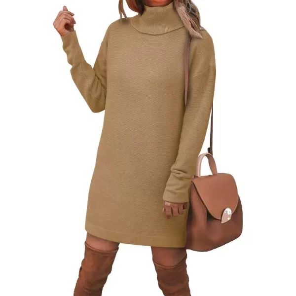 imageBTFBM Womens Turtleneck Long Sleeve Sweater Dress Side Slit Hem Fall Winter Oversized Casual Knit Pullover Sweaters TopsSolid Light Camel