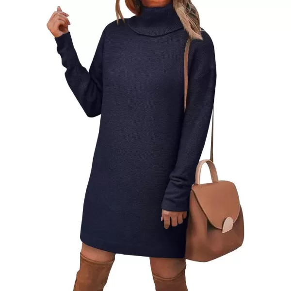 imageBTFBM Womens Turtleneck Long Sleeve Sweater Dress Side Slit Hem Fall Winter Oversized Casual Knit Pullover Sweaters TopsSolid Navy