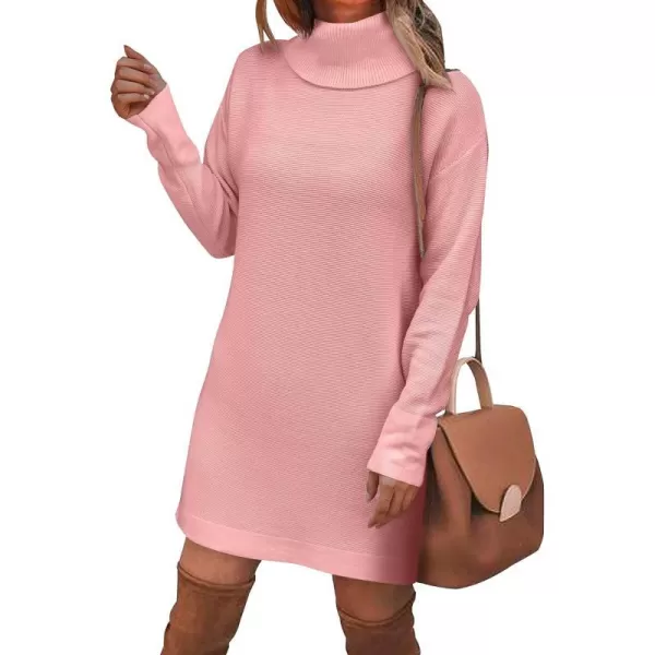 imageBTFBM Womens Turtleneck Long Sleeve Sweater Dress Side Slit Hem Fall Winter Oversized Casual Knit Pullover Sweaters TopsSolid Pink