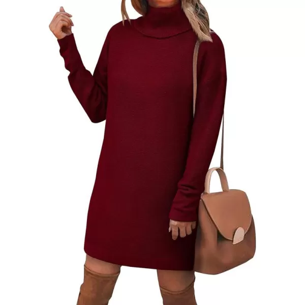 imageBTFBM Womens Turtleneck Long Sleeve Sweater Dress Side Slit Hem Fall Winter Oversized Casual Knit Pullover Sweaters TopsSolid Wine Red