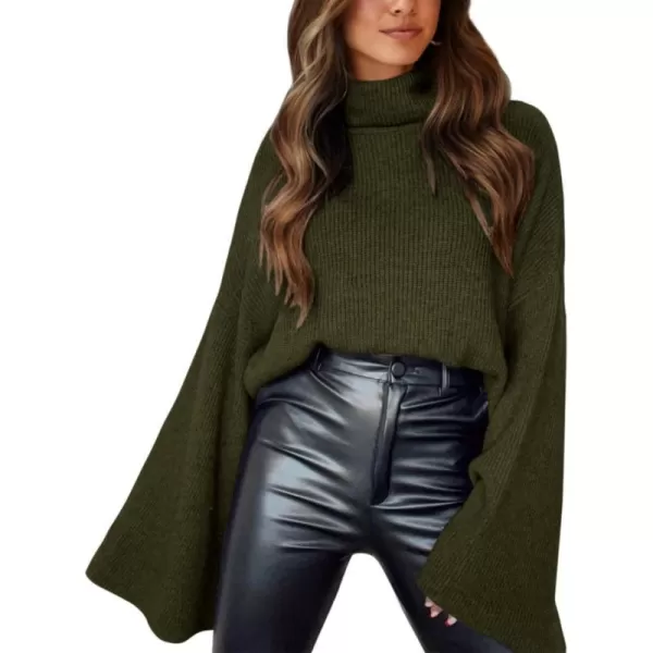 imageBTFBM Womens Turtleneck Pullover Sweaters 2023 Fall Winter Bell Long Sleeve Slouchy Oversized Ribbed Knit Jumper TopsSolid Army Green