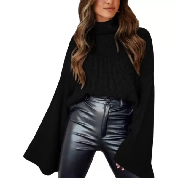 imageBTFBM Womens Turtleneck Pullover Sweaters 2023 Fall Winter Bell Long Sleeve Slouchy Oversized Ribbed Knit Jumper TopsSolid Black