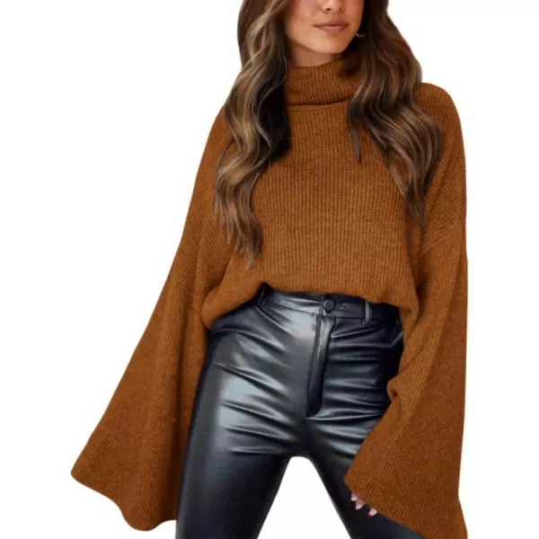 imageBTFBM Womens Turtleneck Pullover Sweaters 2023 Fall Winter Bell Long Sleeve Slouchy Oversized Ribbed Knit Jumper TopsSolid Brown