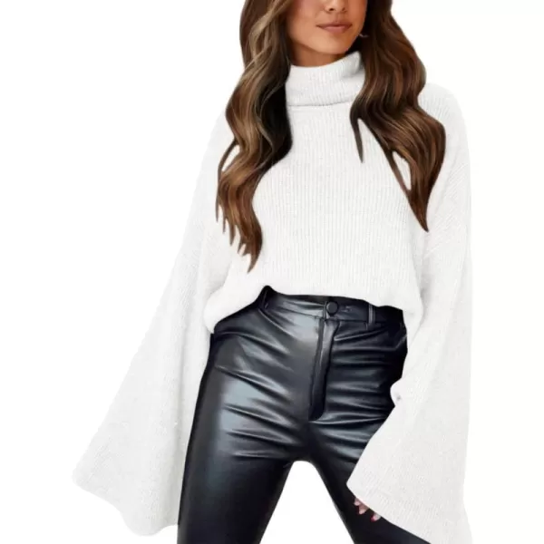 imageBTFBM Womens Turtleneck Pullover Sweaters 2023 Fall Winter Bell Long Sleeve Slouchy Oversized Ribbed Knit Jumper TopsSolid White