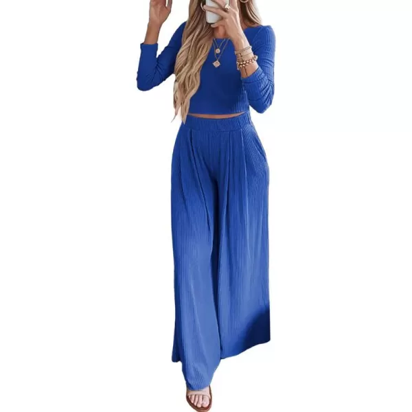 imageBTFBM Womens Two Piece Lounge Set Long Sleeve Bodycon Ribbed Knit Crop Top Loose Wide Leg Pant Casual Outfits SweatsuitSolid Blue