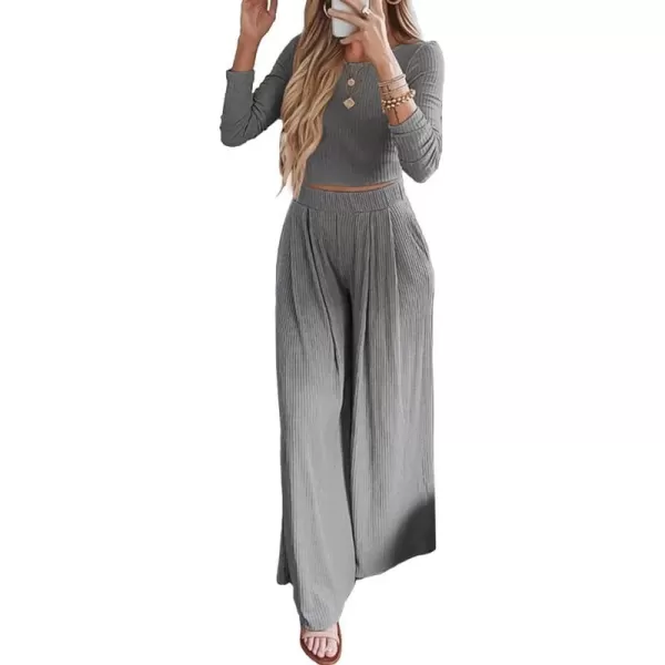 imageBTFBM Womens Two Piece Lounge Set Long Sleeve Bodycon Ribbed Knit Crop Top Loose Wide Leg Pant Casual Outfits SweatsuitSolid Grey
