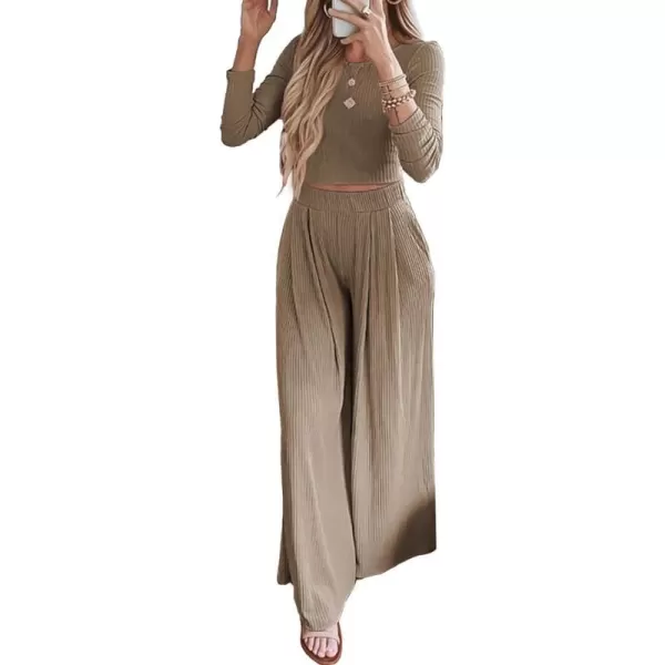 imageBTFBM Womens Two Piece Lounge Set Long Sleeve Bodycon Ribbed Knit Crop Top Loose Wide Leg Pant Casual Outfits SweatsuitSolid Khaki
