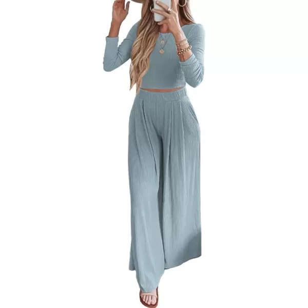 imageBTFBM Womens Two Piece Lounge Set Long Sleeve Bodycon Ribbed Knit Crop Top Loose Wide Leg Pant Casual Outfits SweatsuitSolid Light Blue