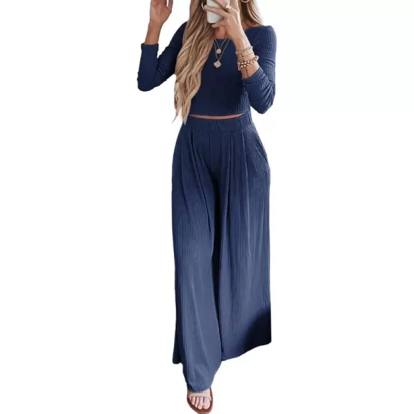 imageBTFBM Womens Two Piece Lounge Set Long Sleeve Bodycon Ribbed Knit Crop Top Loose Wide Leg Pant Casual Outfits SweatsuitSolid Navy