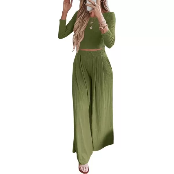 imageBTFBM Womens Two Piece Lounge Set Long Sleeve Bodycon Ribbed Knit Crop Top Loose Wide Leg Pant Casual Outfits SweatsuitSolid Olive Green