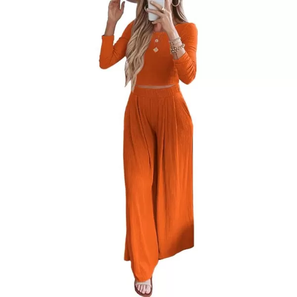 imageBTFBM Womens Two Piece Lounge Set Long Sleeve Bodycon Ribbed Knit Crop Top Loose Wide Leg Pant Casual Outfits SweatsuitSolid Orange
