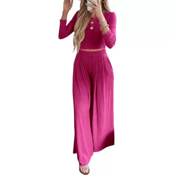 imageBTFBM Womens Two Piece Lounge Set Long Sleeve Bodycon Ribbed Knit Crop Top Loose Wide Leg Pant Casual Outfits SweatsuitSolid Rose Red