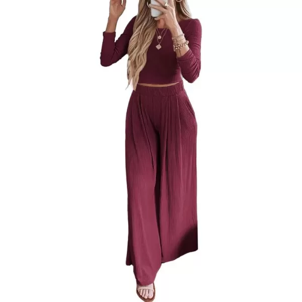 imageBTFBM Womens Two Piece Lounge Set Long Sleeve Bodycon Ribbed Knit Crop Top Loose Wide Leg Pant Casual Outfits SweatsuitSolid Wine Red