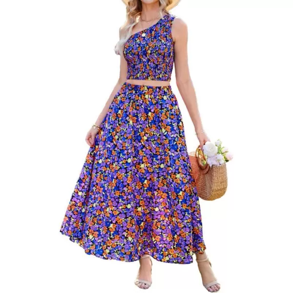 imageBTFBM Womens Two Piece Summer Outfits Boho One Shoulder Beach Dresses Smocked Tube Top Flowy Floral Long Maxi Skirt SetFloral Black Blue