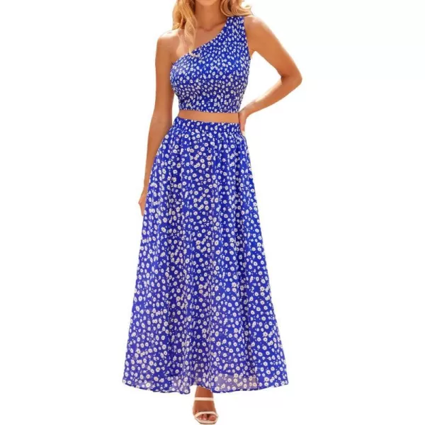 imageBTFBM Womens Two Piece Summer Outfits Boho One Shoulder Beach Dresses Smocked Tube Top Flowy Floral Long Maxi Skirt SetFloral Blue White