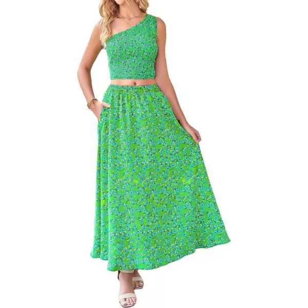 imageBTFBM Womens Two Piece Summer Outfits Boho One Shoulder Beach Dresses Smocked Tube Top Flowy Floral Long Maxi Skirt SetFloral Green Blue