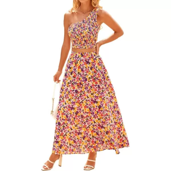 imageBTFBM Womens Two Piece Summer Outfits Boho One Shoulder Beach Dresses Smocked Tube Top Flowy Floral Long Maxi Skirt SetFloral White Purple