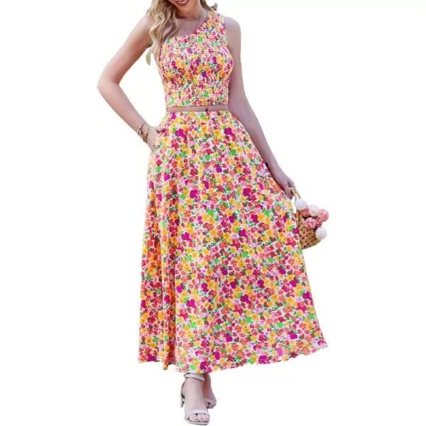 imageBTFBM Womens Two Piece Summer Outfits Boho One Shoulder Beach Dresses Smocked Tube Top Flowy Floral Long Maxi Skirt SetFloral White Red