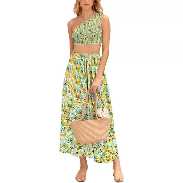imageBTFBM Womens Two Piece Summer Outfits Boho One Shoulder Beach Dresses Smocked Tube Top Flowy Floral Long Maxi Skirt SetFloral White Yellow