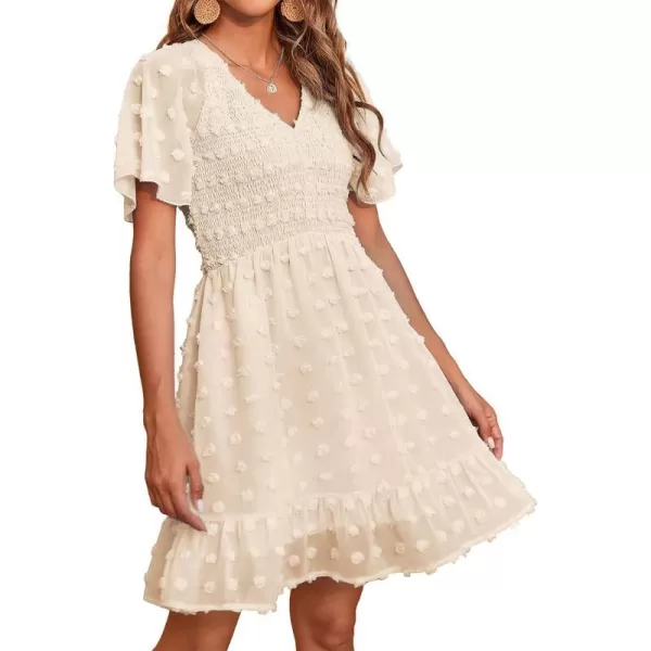 imageBTFBM Womens V Neck Smocked Short Sleeve Casual Dress Swiss Dot Swing Flowy Ruffle Hem Mini Beach Summer Dresses 2023Swiss Dot Apricot