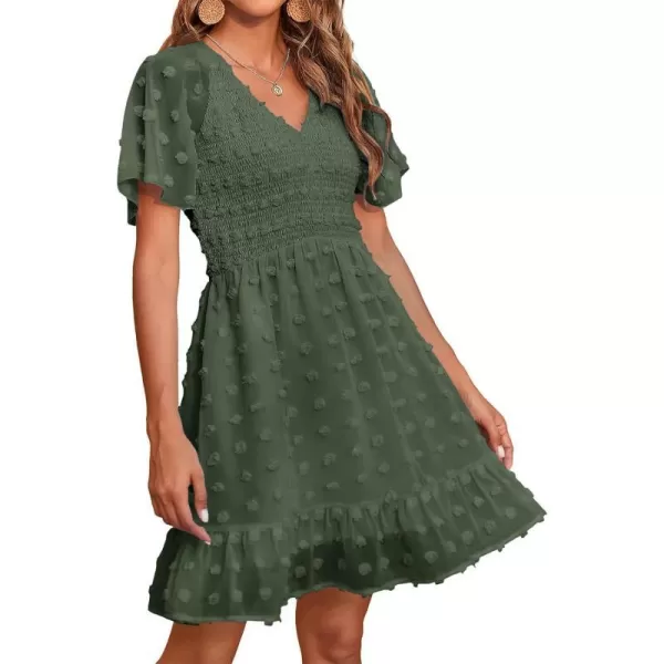 imageBTFBM Womens V Neck Smocked Short Sleeve Casual Dress Swiss Dot Swing Flowy Ruffle Hem Mini Beach Summer Dresses 2023Swiss Dot Army Green