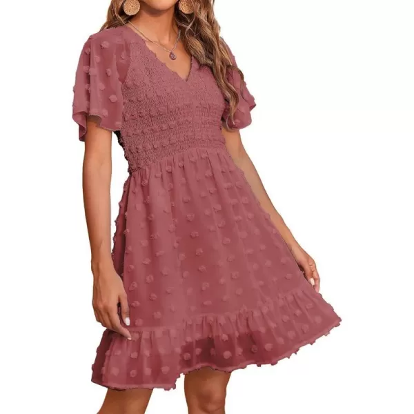 imageBTFBM Womens V Neck Smocked Short Sleeve Casual Dress Swiss Dot Swing Flowy Ruffle Hem Mini Beach Summer Dresses 2023Swiss Dot Bean Paste Red