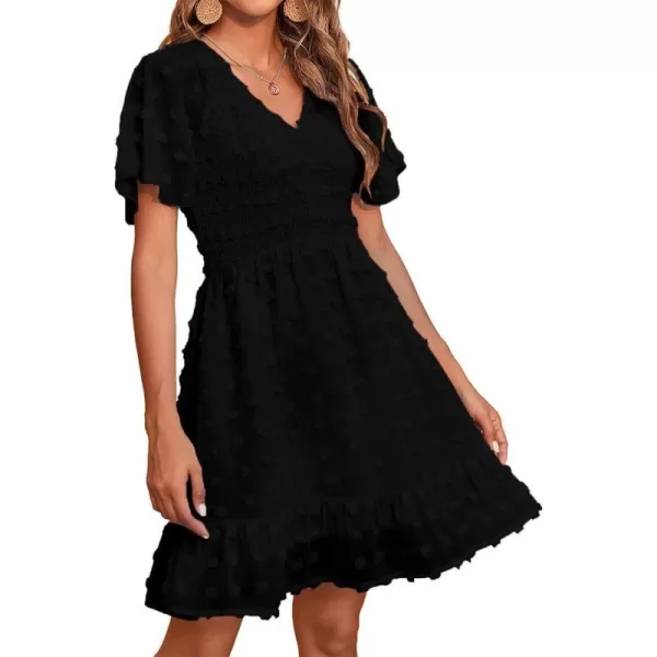 imageBTFBM Womens V Neck Smocked Short Sleeve Casual Dress Swiss Dot Swing Flowy Ruffle Hem Mini Beach Summer Dresses 2023Swiss Dot Black